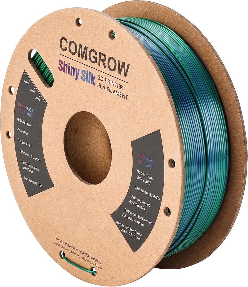Comgrow Tri-Colors Silk PLA 3D Printer Filament, Rainbow PLA Filament 1.75mm, Dimensional Accuracy +/- 0.02 mm, 1KG Spool, Coextrusion 3D Filament with Shiny Silk Copper-Green-Purple - Image 2